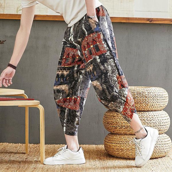 

men's pants summer men 's cotton linen shorts casual loose trendy sports harem capri plus size breeches, Black