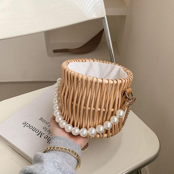 

evening bags for women 2021 summer straw beach pearl chain design handmade woven female bucket shoulder bag travel handbags