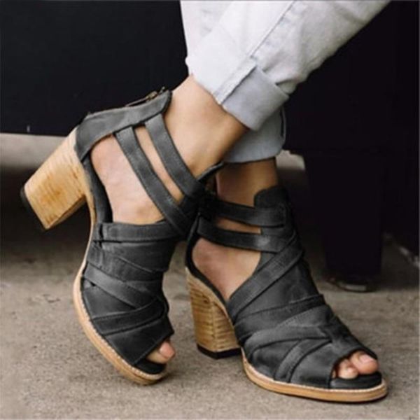 

retro women summer sandals casual big size 43 solid flock female peep toe buckle gladiator vintage high square heels shoes 2021, Black