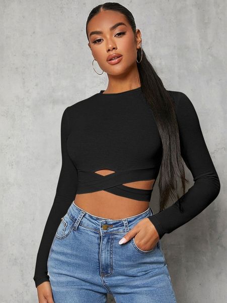 

solid crew neck criss cross crop tee g5pu#, White