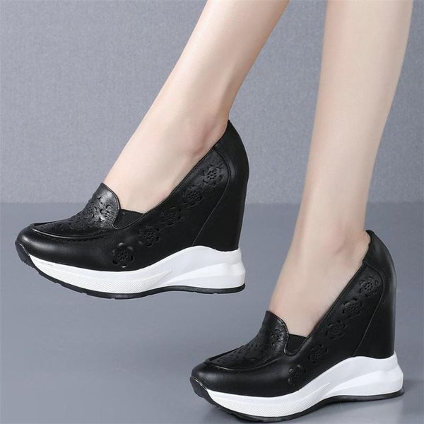 

dress shoes wedges mary jane women genuine leather chunky high heels pumps female summer round toe fashion sneakers casual, Black