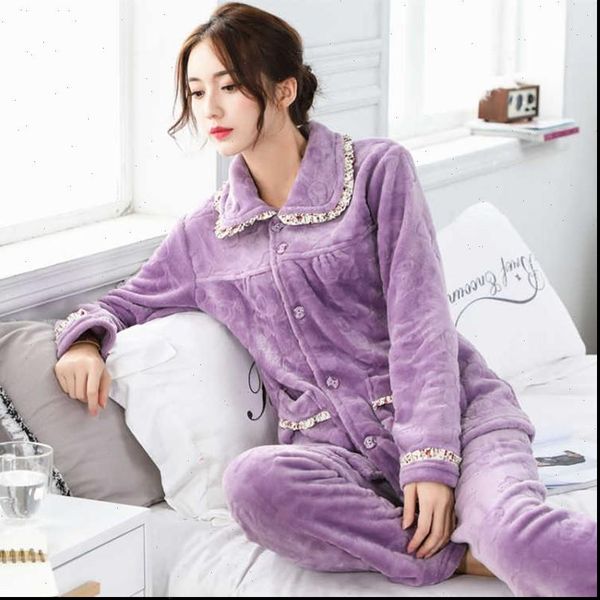 

winter flannel warm pajamas sets women sleepwear long sleeve set girl pyjamas thick coral velvet nightgown, Black;red