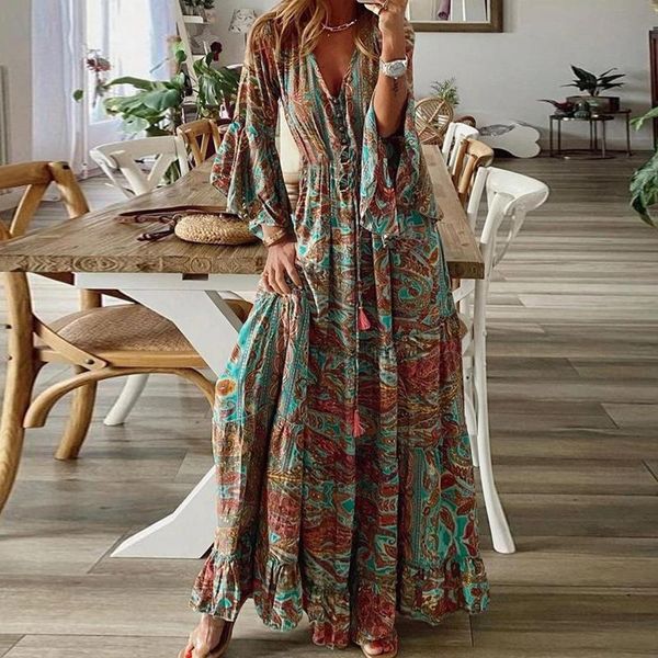 

casual dresses women chic retro floral print boho dress 2021 spring 3/4 flare sleeve ruffle maxi summer v neck button beach holiday, Black;gray