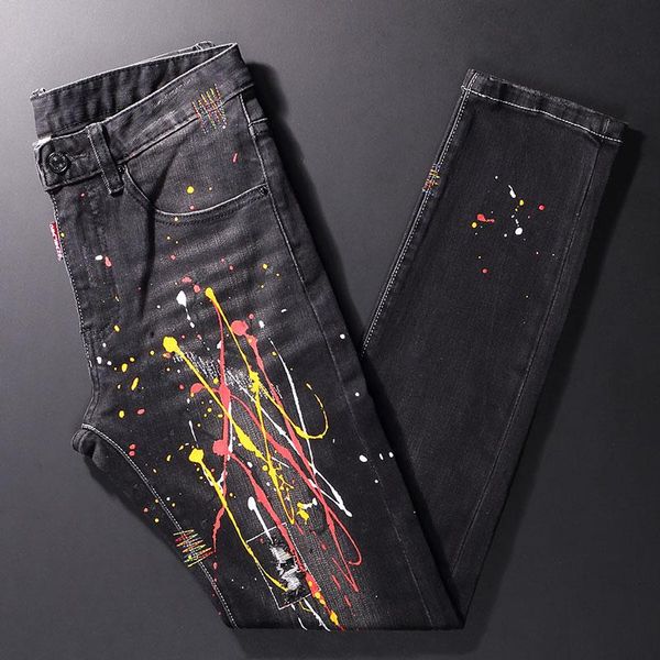 

men's jeans street style fashion men retro black gray elastic slim fit ripped painted designer hip hop denim splashed pants, Blue