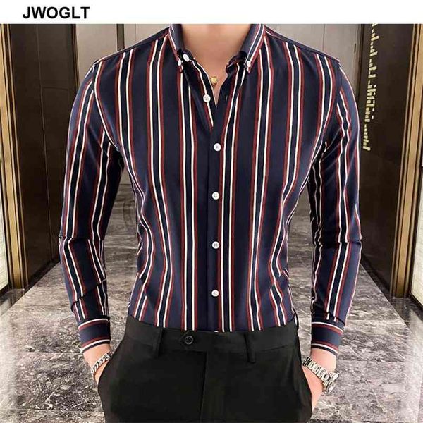 Outono coreano moda casual botão para baixo camisa homens design marca magro fit homem camisas manga comprida listrado 210809