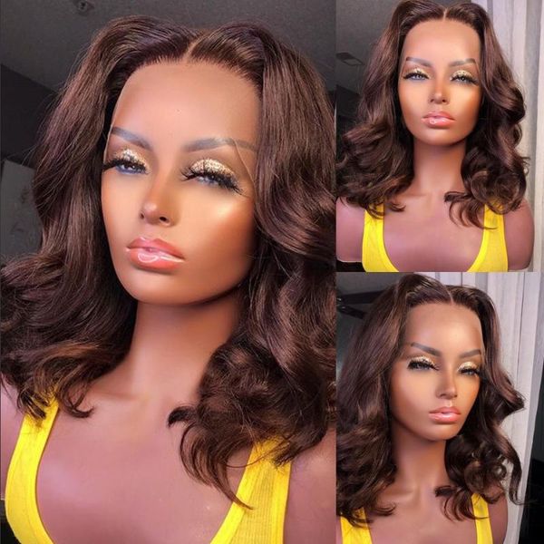 

lace wigs remy dark chocolate brown human hair for black women 150 density preplucked hairline front body wave, Black;brown