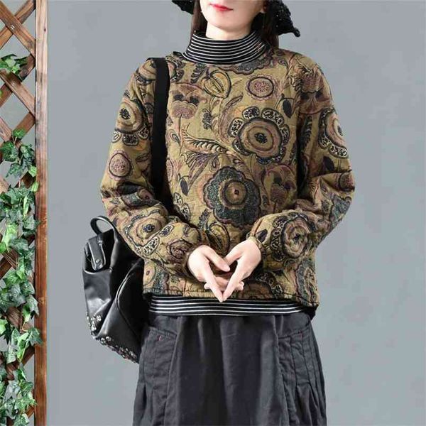 

autumn winter art style women coat o-neck pullover quilted vintage print female thin cotton warm basic jackets d134 210512, Black