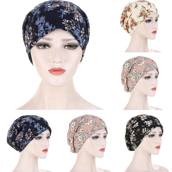 

2021 women print muslim turban caps india hat stretch lace hijab scarf ruffle cancer chemo beanie headscarf hair loss head wrap, Blue;gray