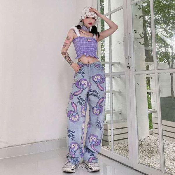 

women's pants & capris women high waist plus size wide leg streetwear womens harajuku spring autumn loose fit jean denim trousers, Black;white