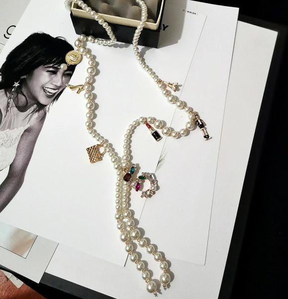 

channel long simulated pearl necklace for women no.5 pendant trendy design style pearl tassel necklace, Golden;silver
