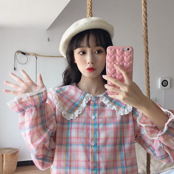 

japanese spring sweet lace womens shirt peter collar vintage plaid cute petal full sleeve harajuku women blouse, White