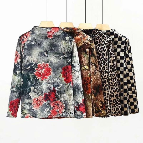 

women's t-shirt xl~ 5xl floral leopard plaid printed winter velvet large size women turtleneck tee shirt long sleeve thick h762, White