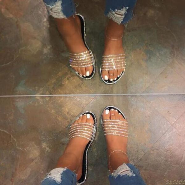 

slippers spring / summer women2021 flat casual outdoor wild sandals home durable beach flip flop banquet cross rhinestone ms, Black