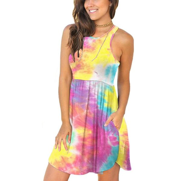 

casual dresses summer dress women's sleeveless mini o-neck tie dye print vest soft beach sweet shirt vestidos, Black;gray