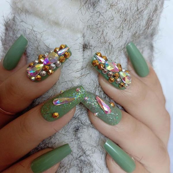 

false nails 24pcs latest candy long ballet handmade crystal diamond fake green, Red;gold