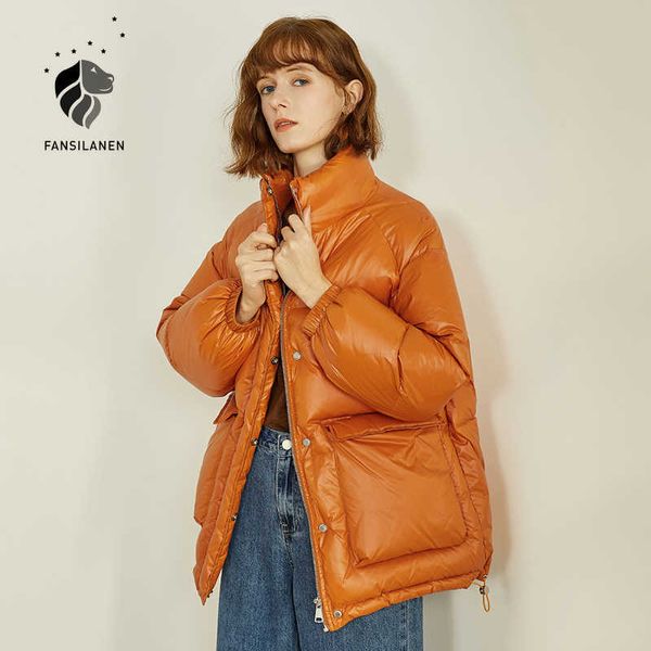 Fansilanen laranja térmica baiacu para baixo jaqueta mulheres outono inverno wram casaco de bolso feminino luz acolchoado 210607