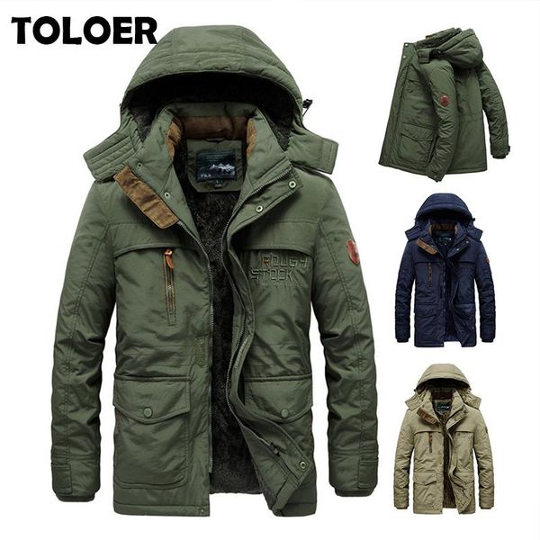 

men's down & parkas 6xl plus men winter outwear casual long thick fleece warm jacket coat autumn vintage hat pockets parka trench, Black