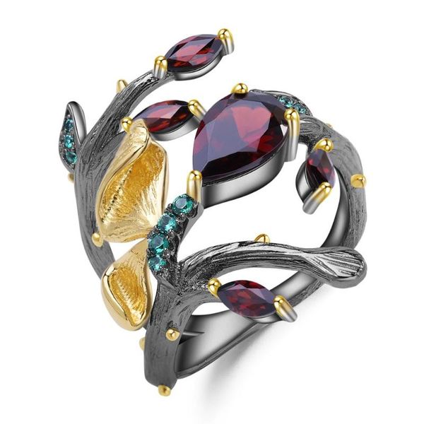 

gem's ballet 2.37ct natural red garnet rings for women 925 sterling silver original handmade butterfly flower branth ring bijoux cluste, Golden;silver