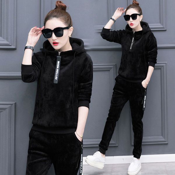 

winter korean tracksuits women's swan gold velvet oversize sportswear hooded casual sweater thickened two piece set, Gray