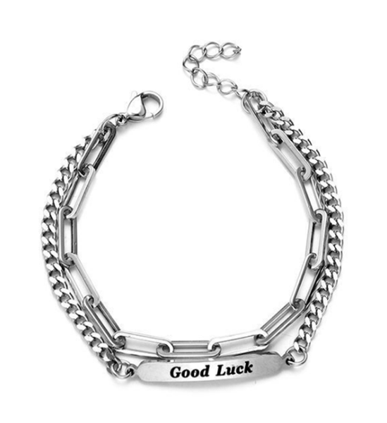 

link, chain 316l stainless steel goodluck lucky letter bracelet stitching double no fade, Black
