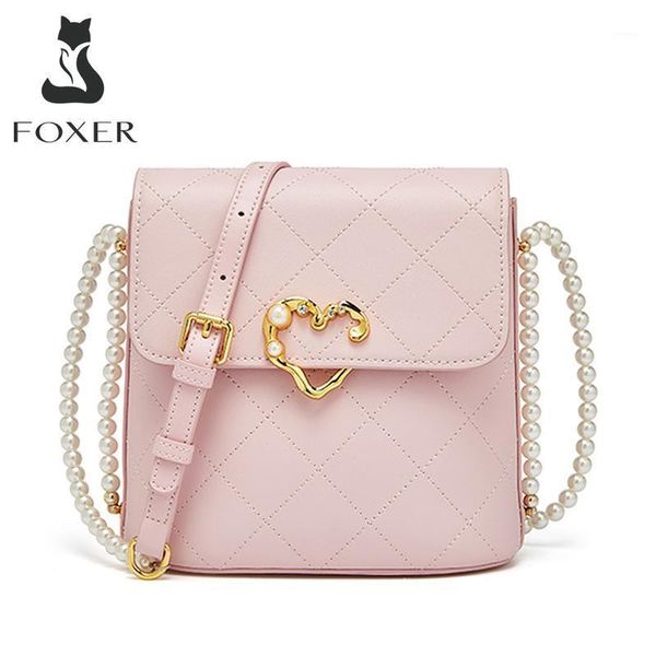 

evening bags foxer women single shoulder mobile phone bag split leather beaded bucket ladies fashion lattice messenger for lover gift1