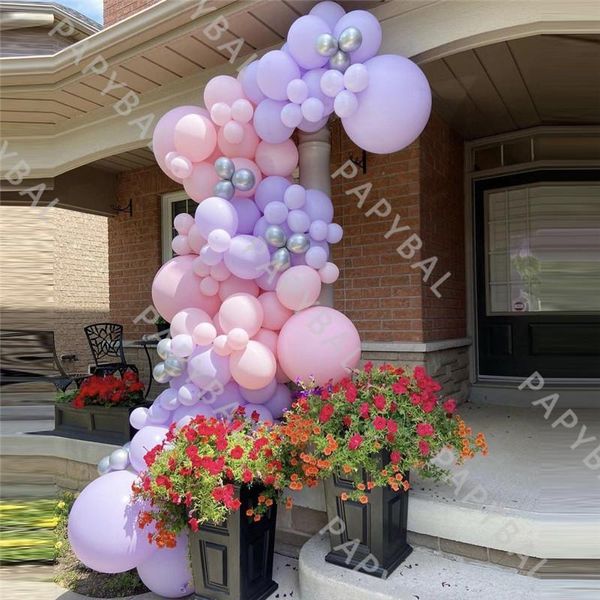 Decoração de festa 118 pcs Macaron Rosa Roxo Balões Arco Garland Kit Balão de Prata Chrome para Aniversário De Casamento