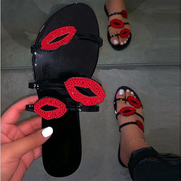 

women summer slippers female slides woman red lips flats women's fashion bling crystal 2021 footwear plus size 35-43, Black