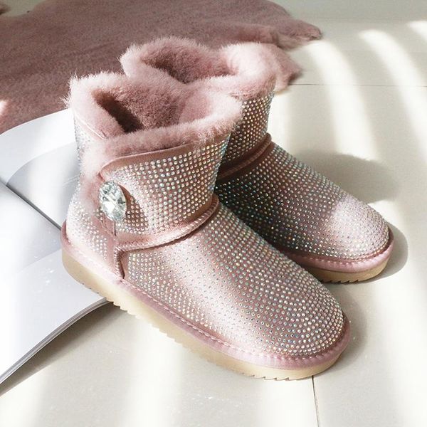 

boots women shoes natural fur snowy women's short diamond shiny sequins thick wool warm winter, Black