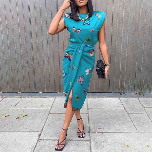 

womens summer suit office lady dress sets fashion butterfly print bule and skirt casual o-neck sleeveless slim set, Gray