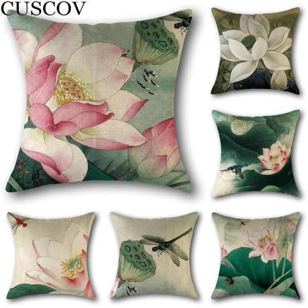 

antique chinese style hand-painted pen lotus linen 45*45cm pillowcase sofa decoration seat cover pillow car bed cushion cushion/decorative