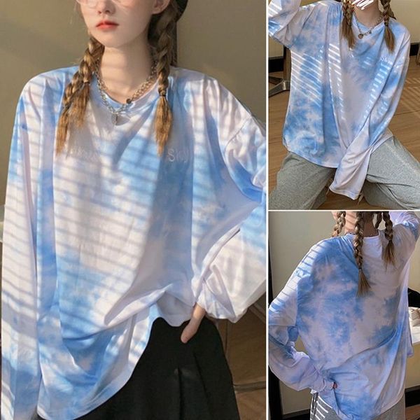 

women's t-shirt harajuku t shirt tie dye print women tee o-neck long sleeve streetwear oversized, White