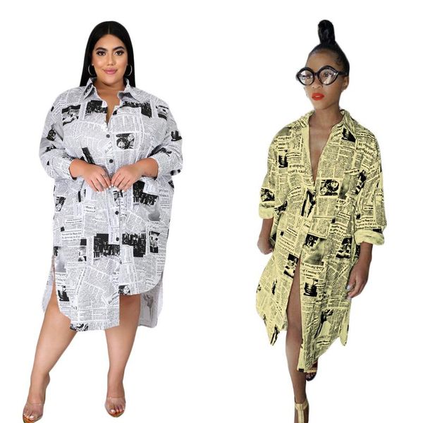 

casual dresses zaggin 2021 autumn women plus size spaper printing shirt dress lady notched full sleeve loose irregular, Black;gray
