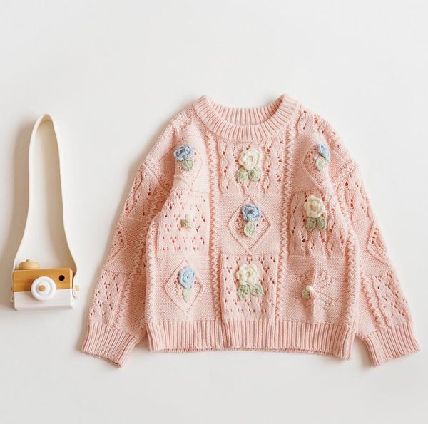 INS Baby Mädchen Kleidung Gestrickte Pullover Langarm Stereo Blumen Design Rosa Pullover 100% Baumwolle Top Winter Warme Kleidung