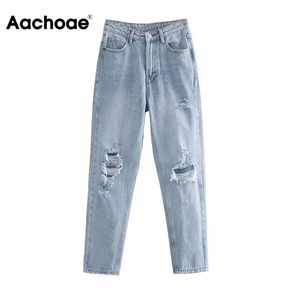 

aachoae women streetwear hole ripped mom jeans fashion 100% cotton ligh blue cowboy pants chic ladies denim trousers 210413