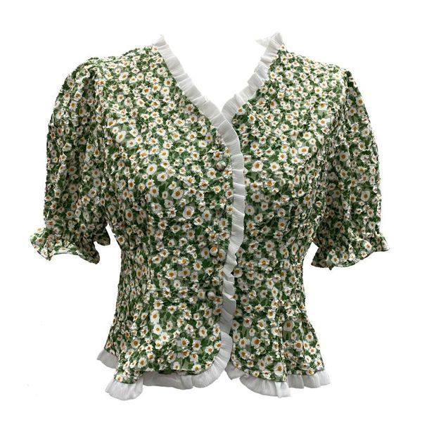 

ethnic clothing sweet and fresh pleated print v-neck puff sleeve t-shirt women summer mesh stitching wood ear cardigan top, Red