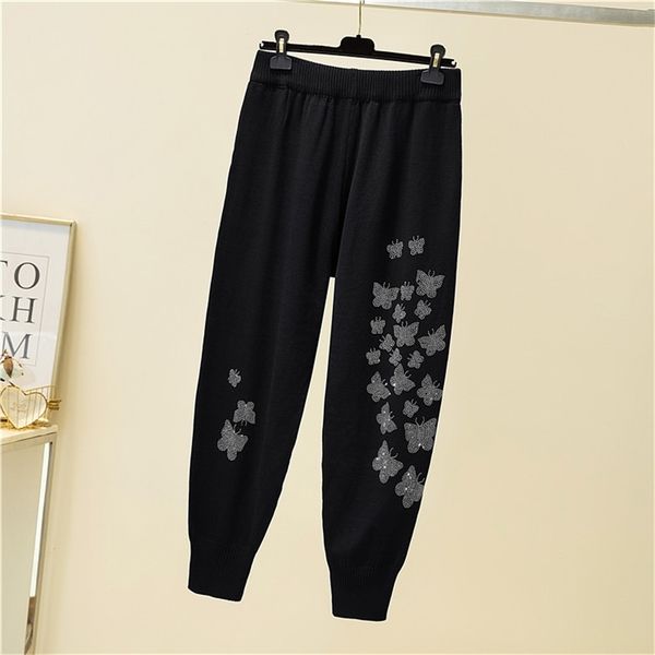 

women autumn winter kint sport thicken pants pockets high waist heavybutterfly drilling plus size warm trousers 210519, Black;white