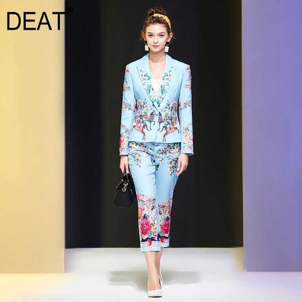 

[deat] spring fashion long sleeve v-neck single button blazer printing high waist pencil pants women suit 13c974 210527, White