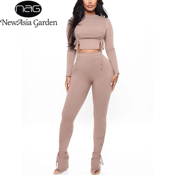 

newasia stacked pants set ribbed women suits ruched long sleeve crop bodycon trousers two piece pants set casual outfit 210413, White