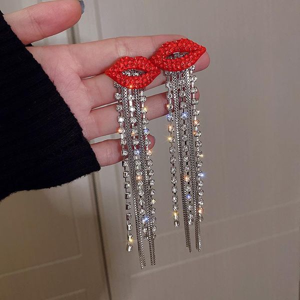 

dangle & chandelier statement earrings for women shinning rhinestone heart red lip drop trendy jewelry party 2021 street fine gift, Silver