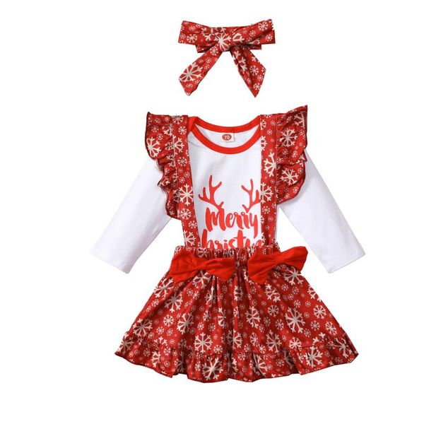 

clothing sets 3 pcs baby girls christmas outfits, letter print long sleeve round neck playsuit + snowflake overalls bowknot headband, White