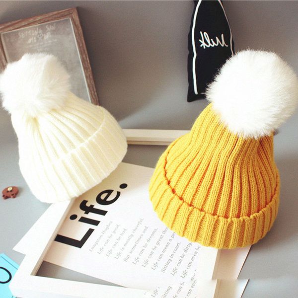 

2020 pom children winter hat for girls boys kids newborn knitted cap crochet solid children beanies 0-36 month baby fur ball cap, Black;white