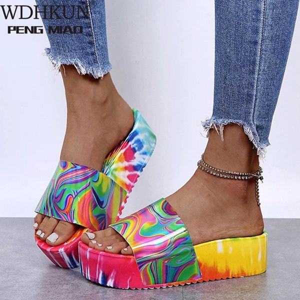 

slippers women's platform rainbow color woman summer slides ladies thick bottom flat big size fashion women female beach shoes, Black