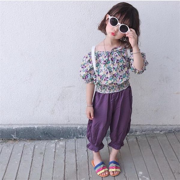 

clothing sets summer kids girls 2-pcs shoulderless floral shirts + purple pants fashion outfits clothes e5695 6mqi, White