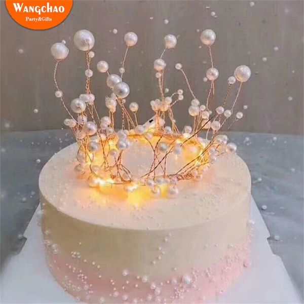 Shiny Handmade Pearl Princess Crown Cake Topper Wedding Cake Decorating Bride and Groom Happy Birthday Hat Cake Decoration 211216