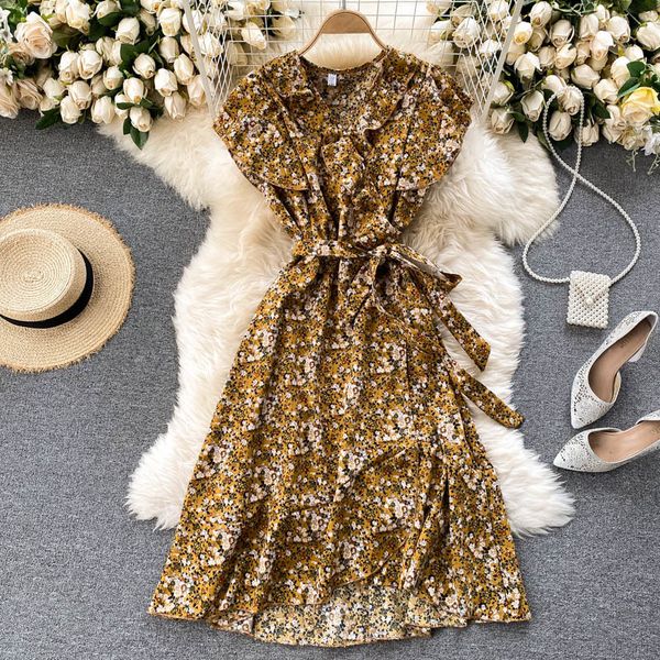 

dresses boho floral women ruffles v neck sleeveless lace up a-line es summer french retro print holiday midi, Black;gray