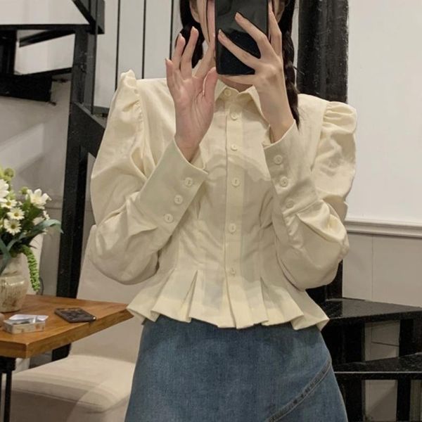 

women's blouses & shirts autumn french vintage elegant blouse women long slevee casual sweet cute female solid korean style designer 2, White