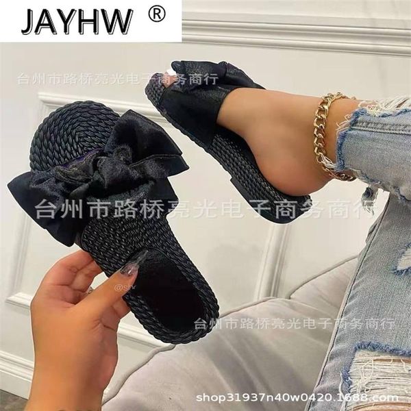 

spring summer color printed bowknot flat shoes slip durable beach slippers leisure all-match household women's sandals, Black