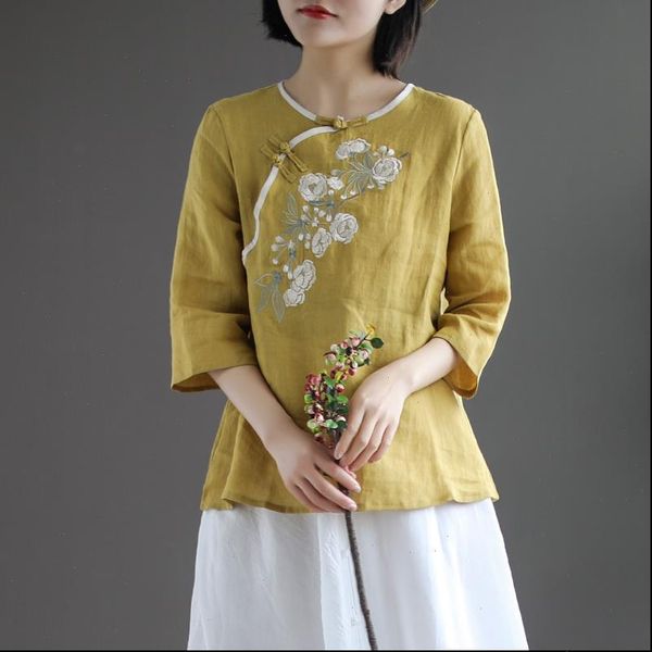 

spring summer retro buckle women shirt chinese national style embroidery three quarter sleeve floral cheongsam shirts, White