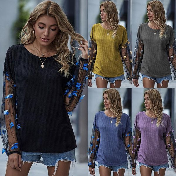 

european and american fashion autumn women's net gauze lantern sleeve loose exquisite pullover blouses & shirts, White