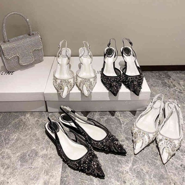 

mesh high lace version rc pearl glittering crystal chain baotou flat sandals high heels wedding shoes women's shoes yw, Black